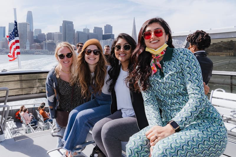 Team members on a boat in New York for a company off-site event.