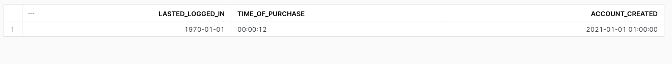 A screenshot showing the correct format of the data and time snowflake data types.