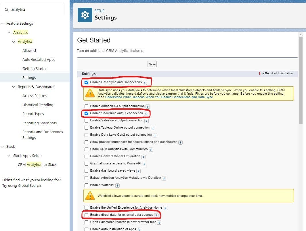 image of CRM Analytics settings in Salesforce Quick Find bar