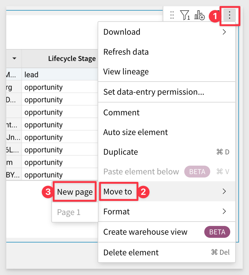 moving tables to another page