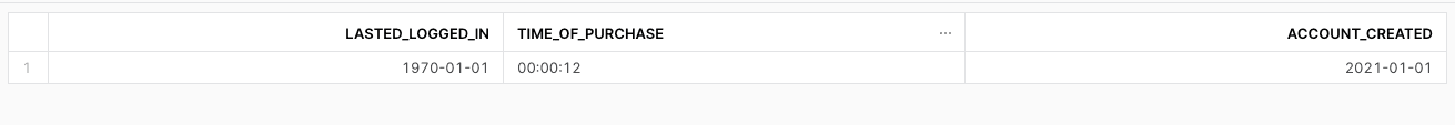 A screenshot of a table showing the data and time snowflake data types.