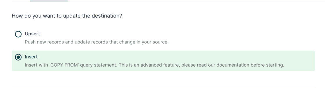 Example of the insert mode for PostgreSQL