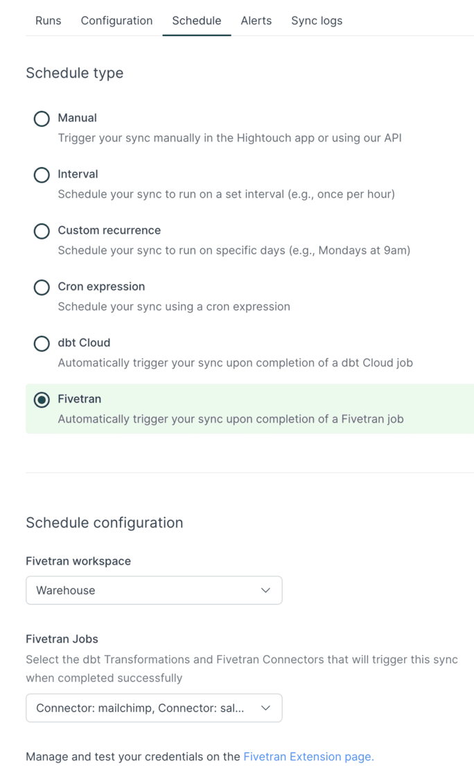 Example of the Fivetran Extension Setting