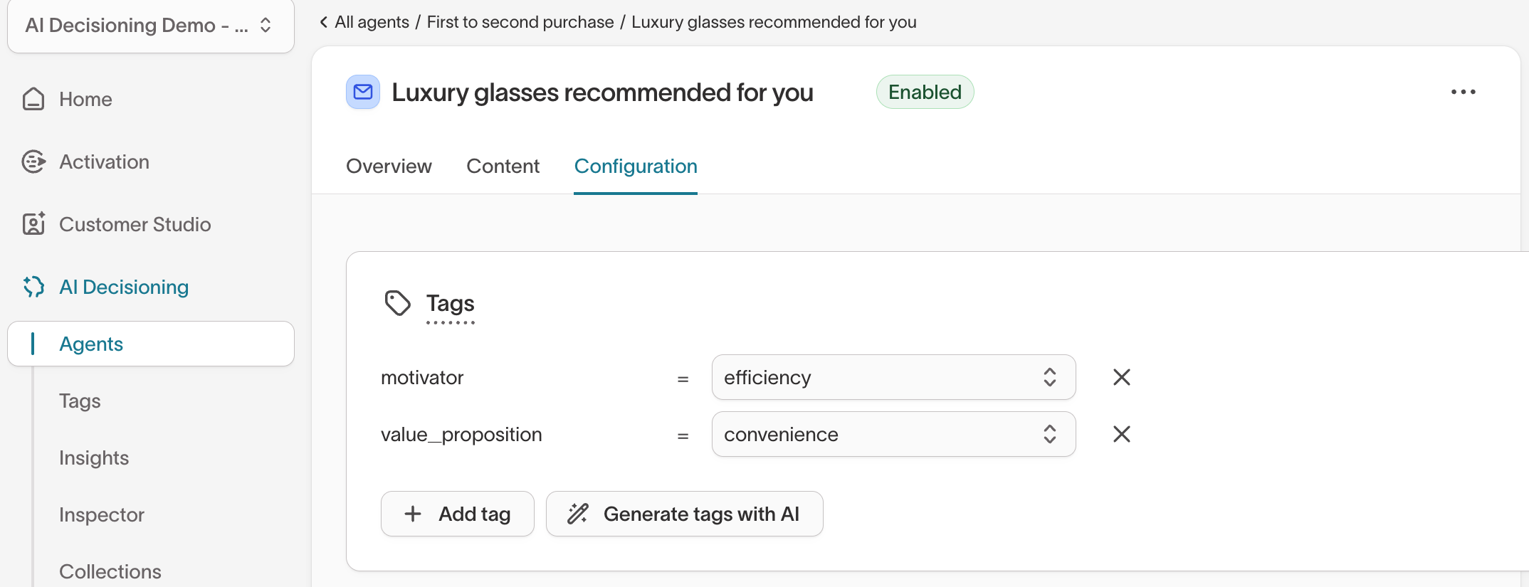 Tagging from within an Agent message configuration view