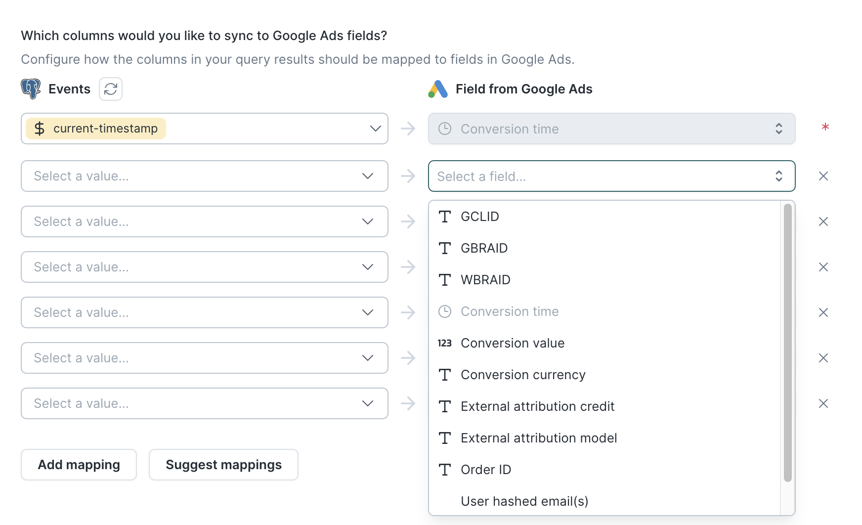 Click conversion field mapping