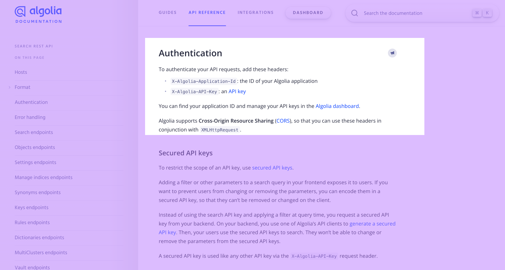 Screenshot of Algolia's docs