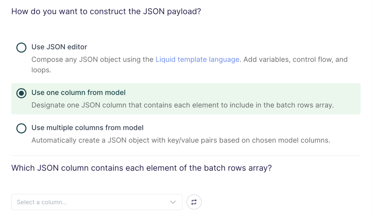 Selecting using one column from the model as the paylod construction method in the Hightouch UI