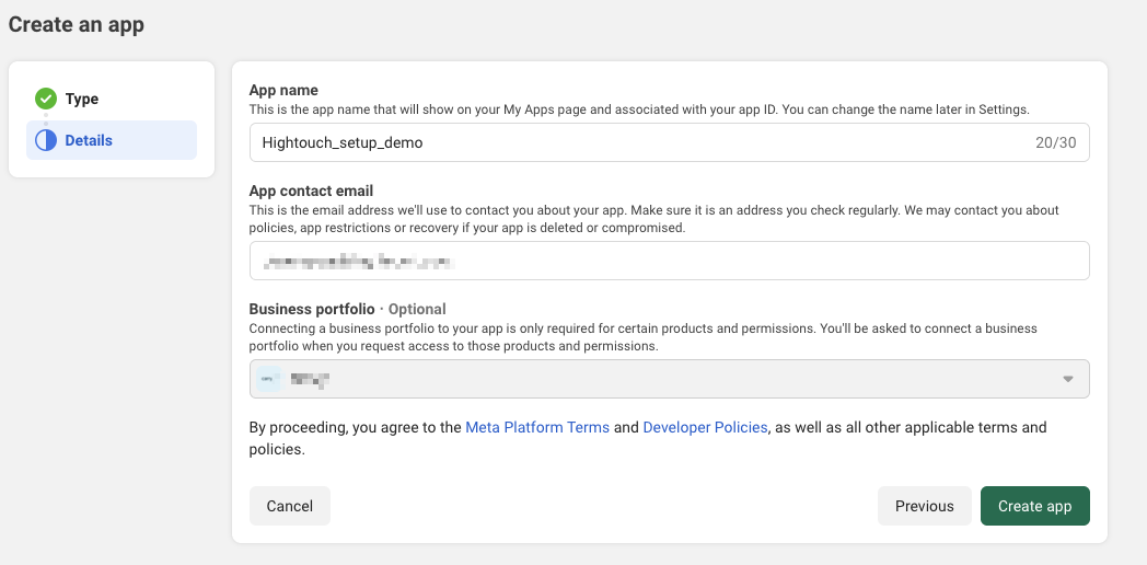 Screenshot of the Meta Business account UI