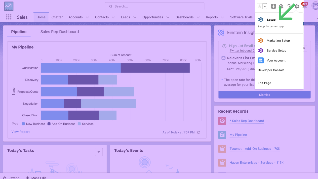 Screenshot of Salesforce Sales module homepage