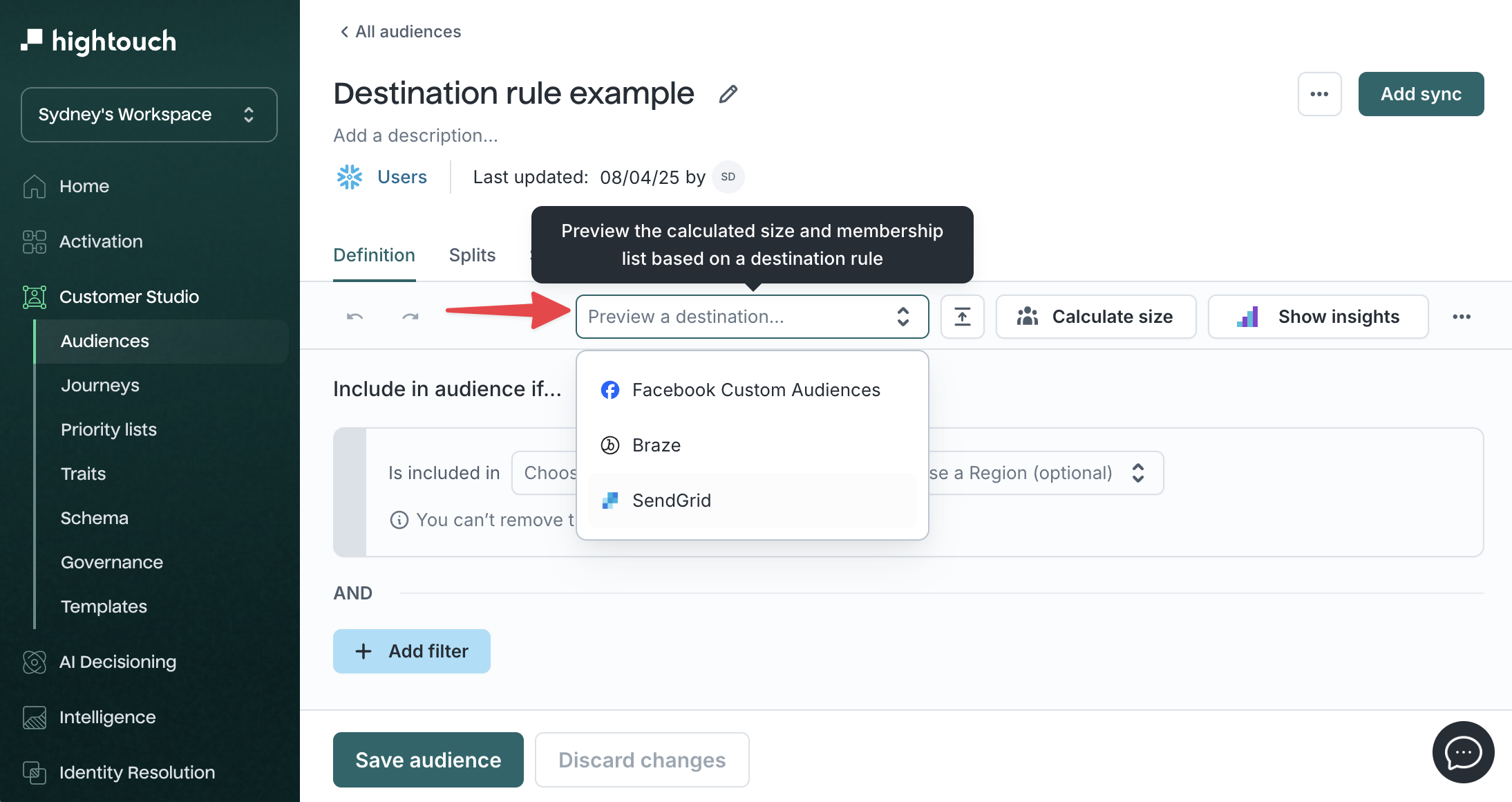 Preview destination rules - audience editor