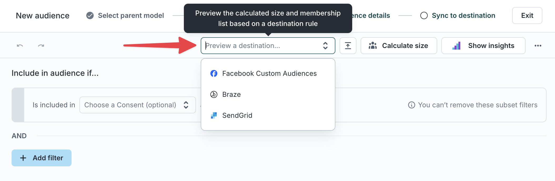 Preview destination rules - audience creation