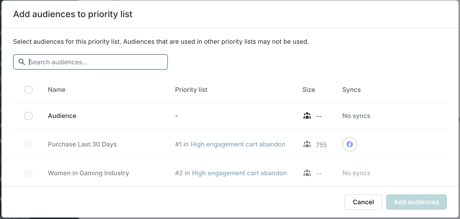 Add audience modal