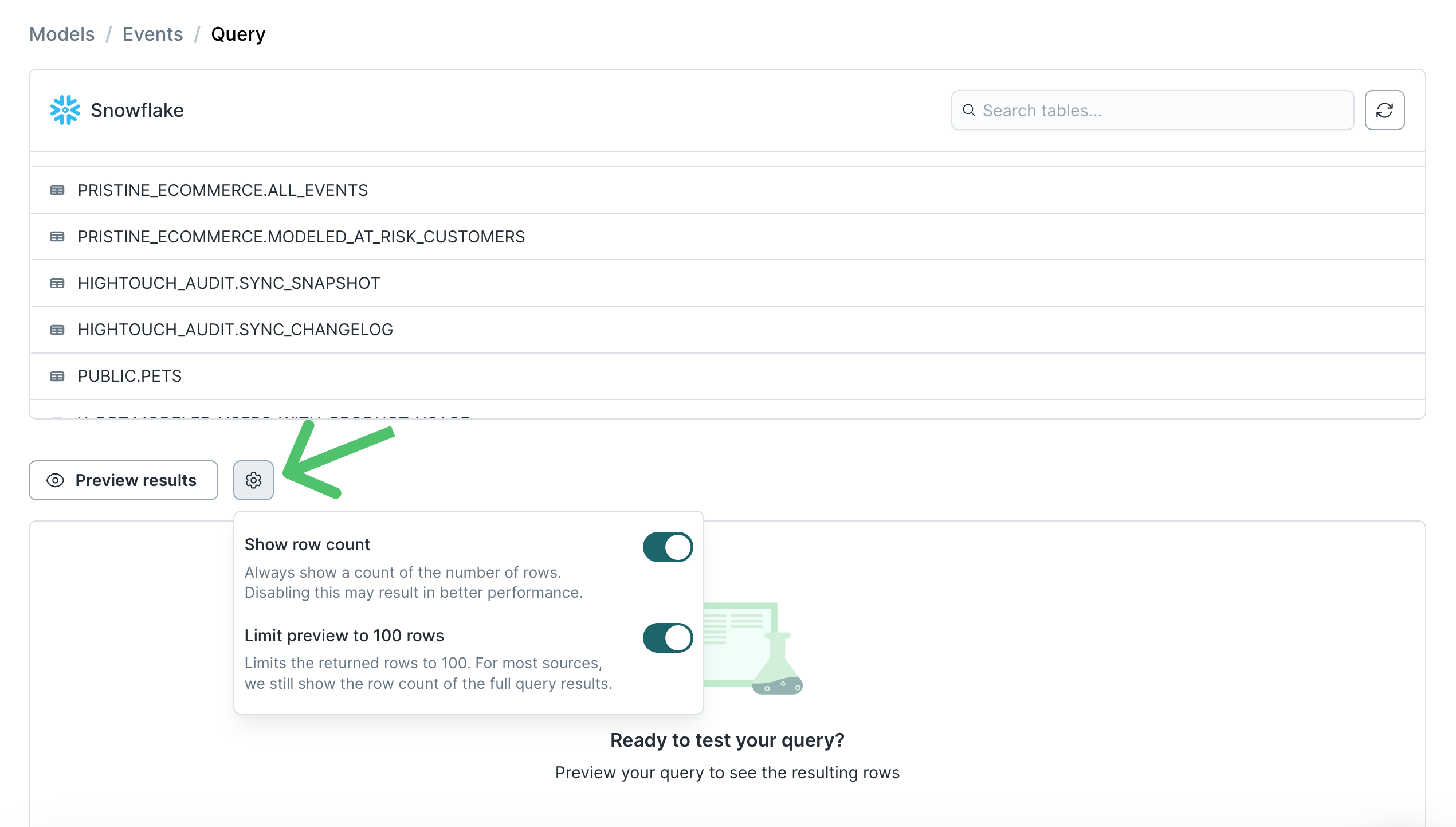 Previewing an existing model's query results