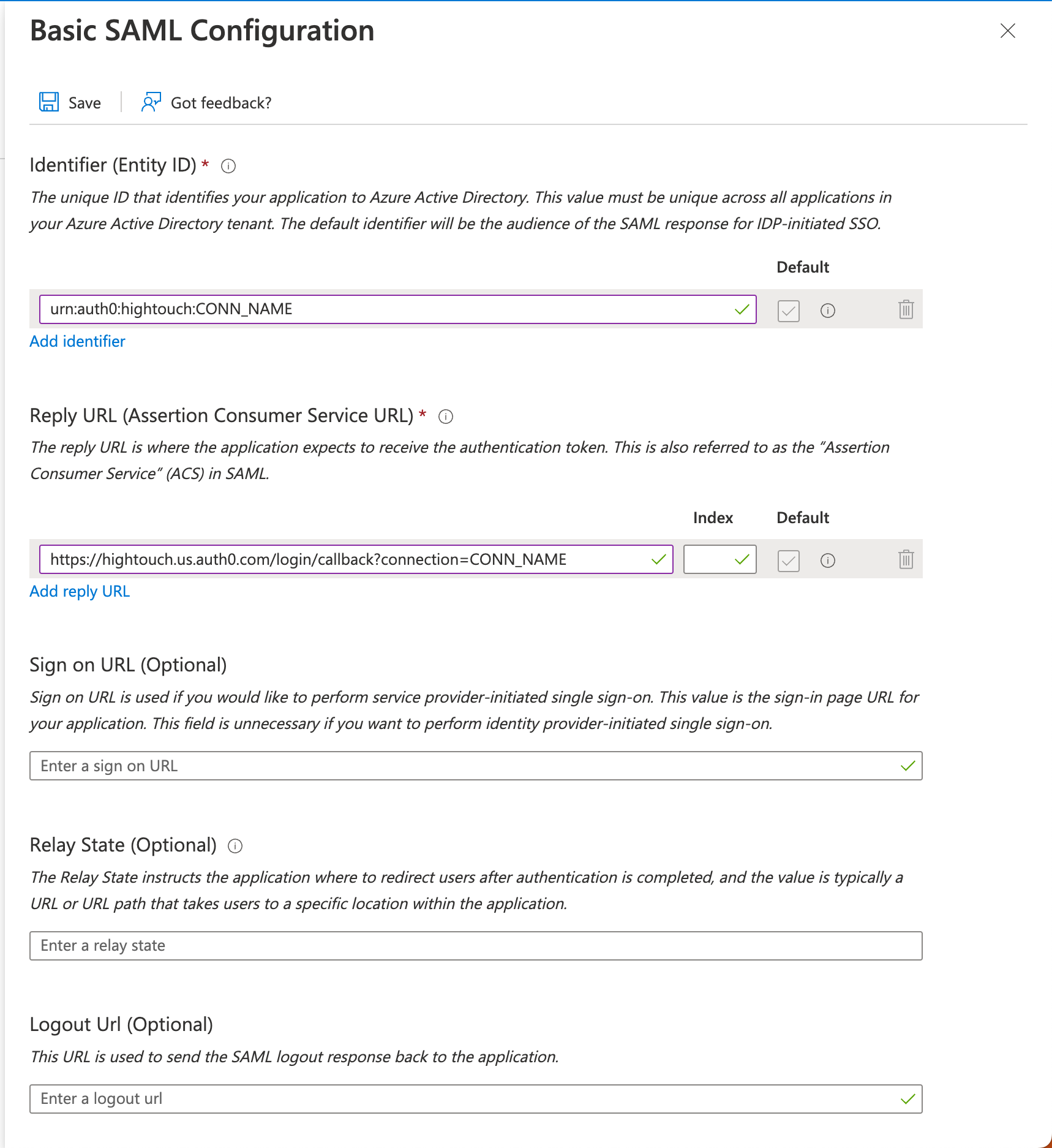 Azure basic SAML configuration