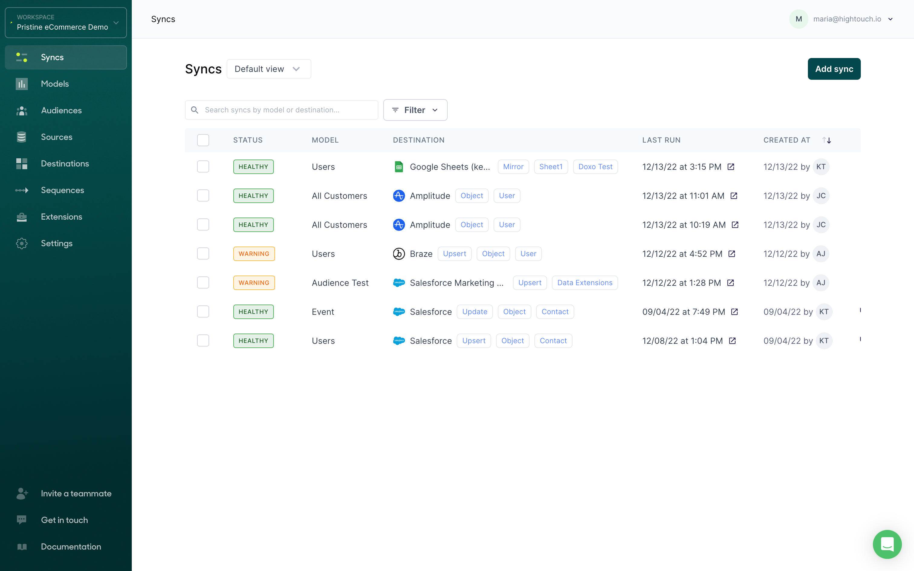 Sync overview page in the Hightouch UI